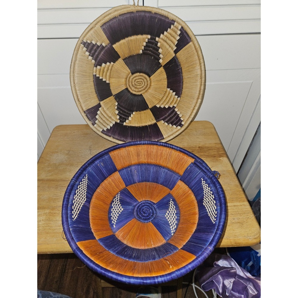 Handmade Ugandan Woven Wall Baskets Set of 2 Purple Orange Tan Geometric Decor